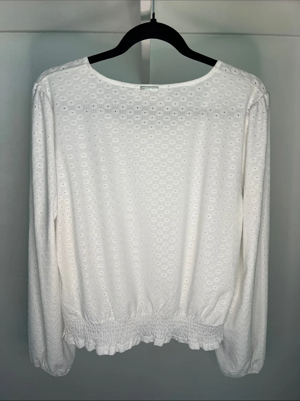 Michael Kors White Eyelet Long Sleeve Top with Smocked Hem